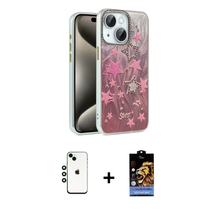 MARSİLYAN™- iPhone 14 Kılıf Zirve Modern Prime - Siyah Buffer Hayalet Cam Ekran Koruyucu + Shine Kamera Lens - YL