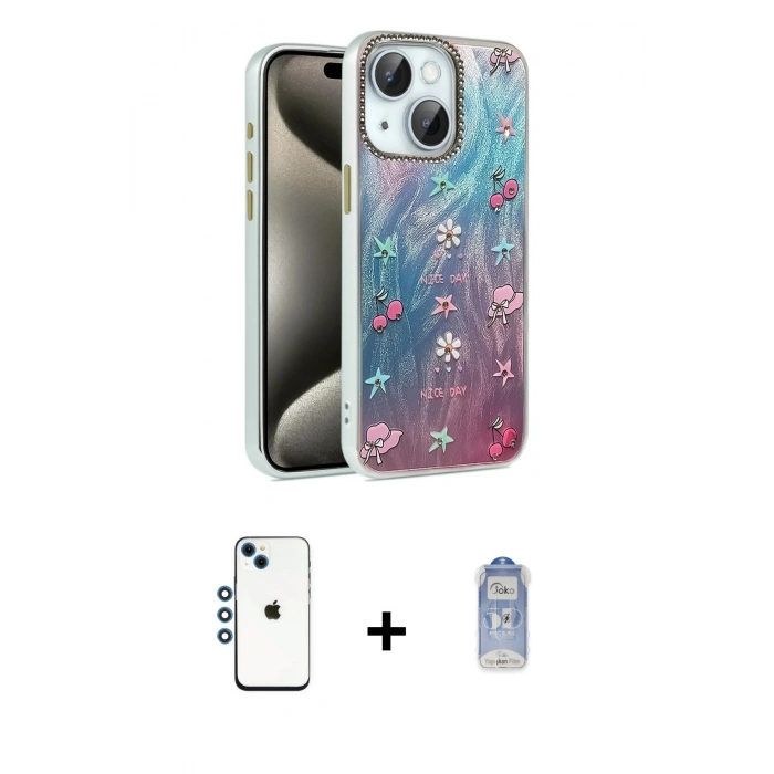 MARSİLYAN™- iPhone 14 Kılıf Zirve Modern Prime - Siyah Joko Magic 5D Cam + Mavi Shine Kamera Lens