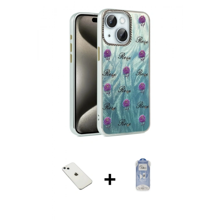 MARSİLYAN™- iPhone 14 Kılıf Zirve Modern Prime - Siyah Joko Magic 5D Cam + Sierra Blue Diamond Kamera Lens