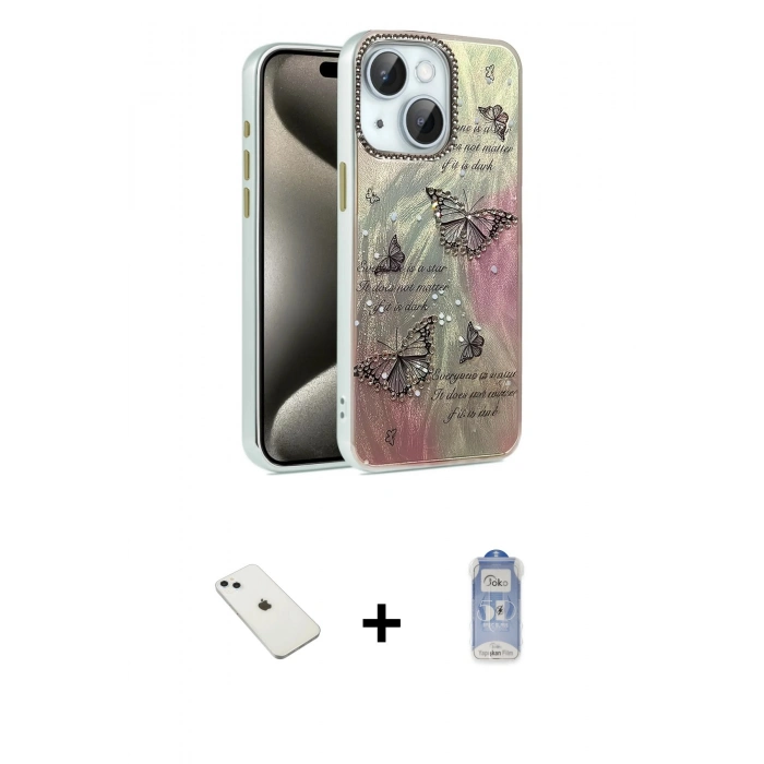 MARSİLYAN™- iPhone 14 Kılıf Zirve Modern Prime - Siyah Joko Magic 5D Cam + Sierra Blue Diamond Kamera Lens
