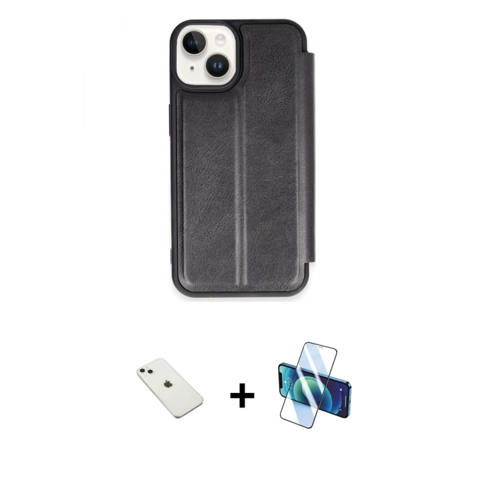 MARSİLYAN™- iPhone 14 Kılıf Zirve Yansıma Serisi - Siyah 3D Antistatik Cam Ekran Koruyucu + Diamond Kamera Lens - SABE