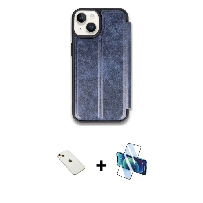 MARSİLYAN™- iPhone 14 Kılıf Zirve Yansıma Serisi - Siyah 3D Antistatik Cam Ekran Koruyucu + Diamond Kamera Lens - KI