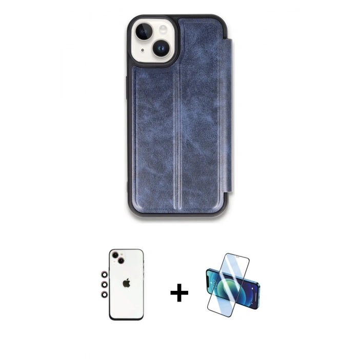 MARSİLYAN™- iPhone 14 Kılıf Zirve Yansıma Serisi - Siyah 3D Antistatik Cam Ekran Koruyucu + Shine Kamera Lens - GI