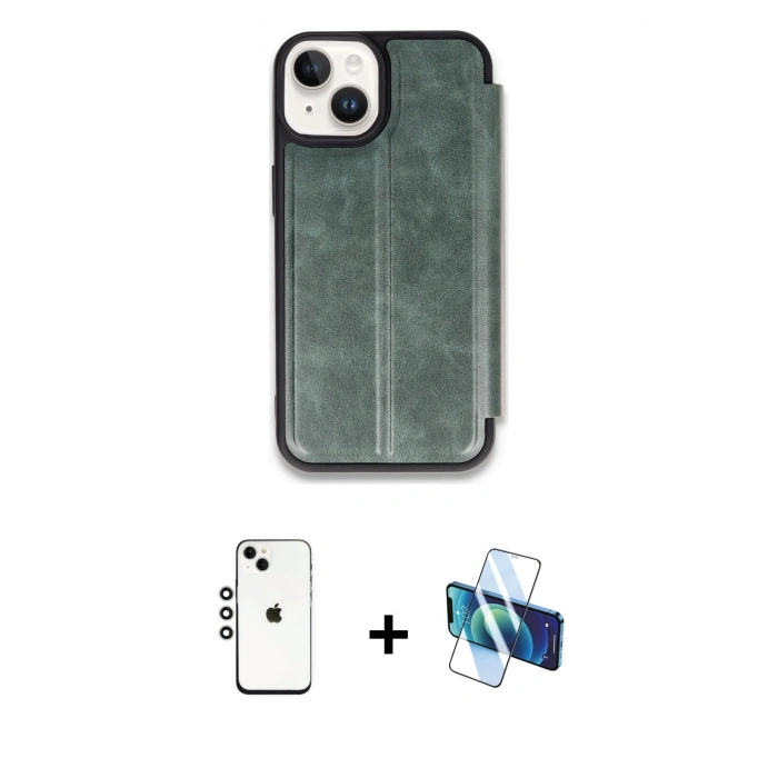 MARSİLYAN™- iPhone 14 Kılıf Zirve Yansıma Serisi - Siyah 3D Antistatik Cam Ekran Koruyucu + Shine Kamera Lens - GS