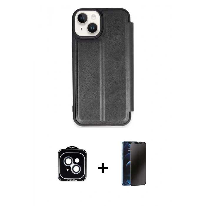 MARSİLYAN™- iPhone 14 Kılıf Zirve Yansıma Serisi - Siyah 3D Antistatik Hayalet Cam Ekran Koruyucu + PVD Metal Kamera Lens - MI