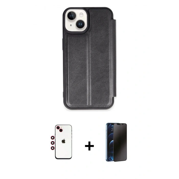 MARSİLYAN™- iPhone 14 Kılıf Zirve Yansıma Serisi - Siyah 3D Antistatik Hayalet Cam Ekran Koruyucu + Shine Kamera Lens - KI