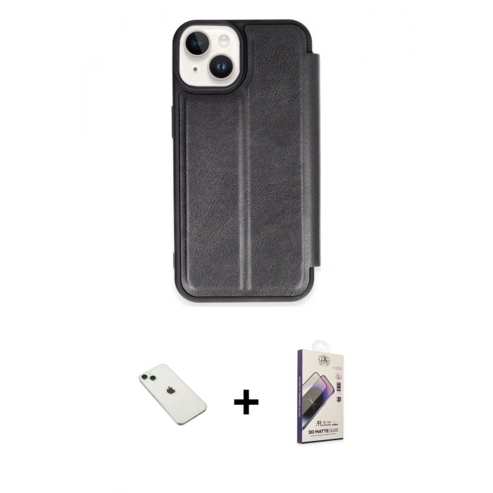 MARSİLYAN™- iPhone 14 Kılıf Zirve Yansıma Serisi - Siyah Bilvis 3D Mat Cam Ekran Koruyucu + Diamond Kamera Lens - YL