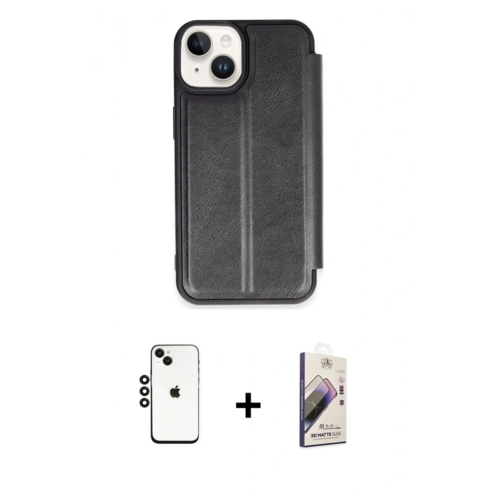 MARSİLYAN™- iPhone 14 Kılıf Zirve Yansıma Serisi - Siyah Bilvis 3D Mat Cam Ekran Koruyucu + Shine Kamera Lens - SH