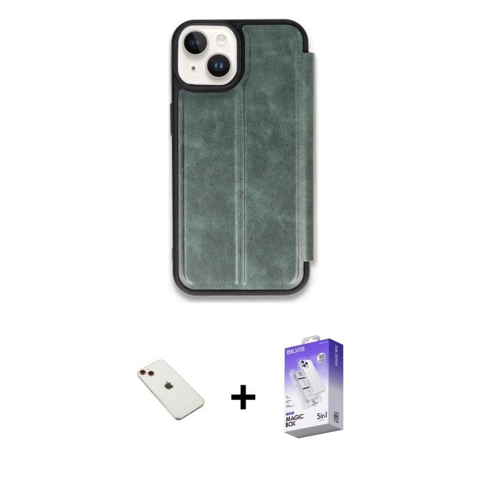 MARSİLYAN™- iPhone 14 Kılıf Zirve Yansıma Serisi - Siyah Bilvis 5in1 3D Magic Cam Ekran Koruyucu + Diamond Kamera Lens - KI