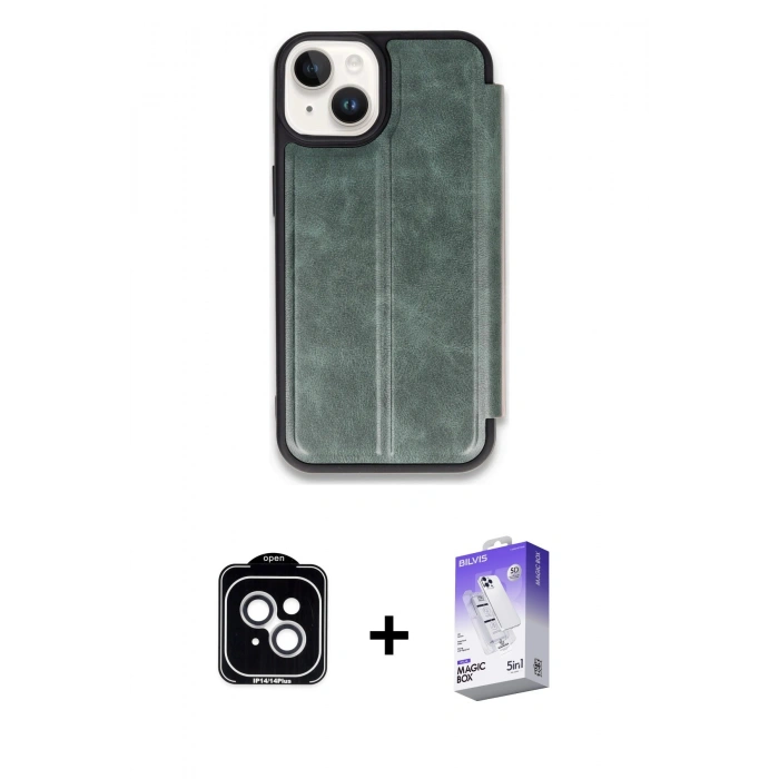MARSİLYAN™- iPhone 14 Kılıf Zirve Yansıma Serisi - Siyah Bilvis 5in1 3D Magic Cam Ekran Koruyucu + PVD Metal Kamera Lens - GS