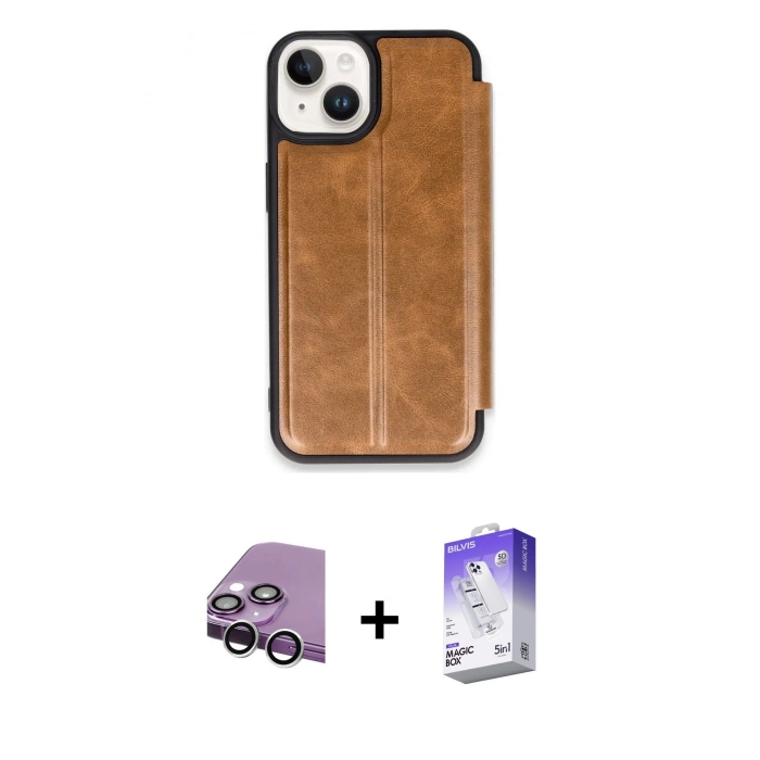 MARSİLYAN™- iPhone 14 Kılıf Zirve Yansıma Serisi - Siyah Bilvis 5in1 3D Magic Cam Ekran Koruyucu + Raze Metal Kamera Lens - GS