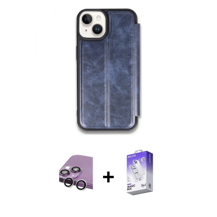 MARSİLYAN™- iPhone 14 Kılıf Zirve Yansıma Serisi - Siyah Bilvis 5in1 3D Magic Cam Ekran Koruyucu + Raze Metal Kamera Lens - GS