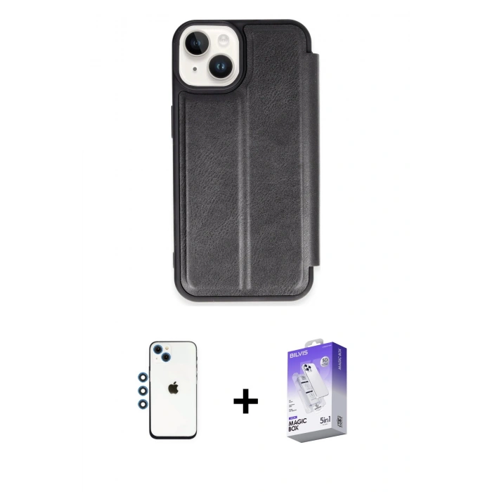 MARSİLYAN™- iPhone 14 Kılıf Zirve Yansıma Serisi - Siyah Bilvis 5in1 3D Magic Cam Ekran Koruyucu + Shine Kamera Lens - MI
