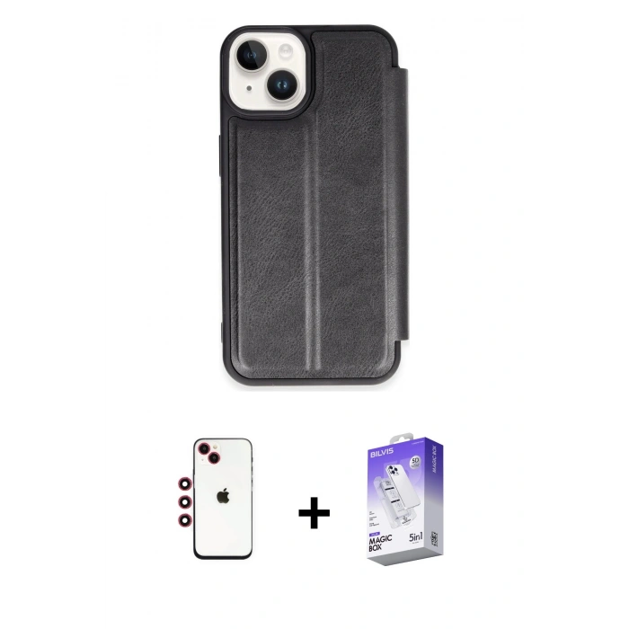 MARSİLYAN™- iPhone 14 Kılıf Zirve Yansıma Serisi - Siyah Bilvis 5in1 3D Magic Cam Ekran Koruyucu + Shine Kamera Lens - KI