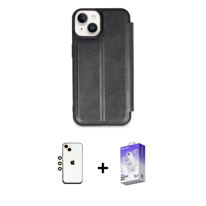MARSİLYAN™- iPhone 14 Kılıf Zirve Yansıma Serisi - Siyah Bilvis 5in1 3D Magic Cam Ekran Koruyucu + Shine Kamera Lens - GD