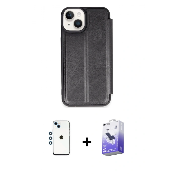 MARSİLYAN™- iPhone 14 Kılıf Zirve Yansıma Serisi - Siyah Bilvis 5in1 5D Magic Hayalet Cam Ekran Koruyucu + Shine Kamera Lens - MI