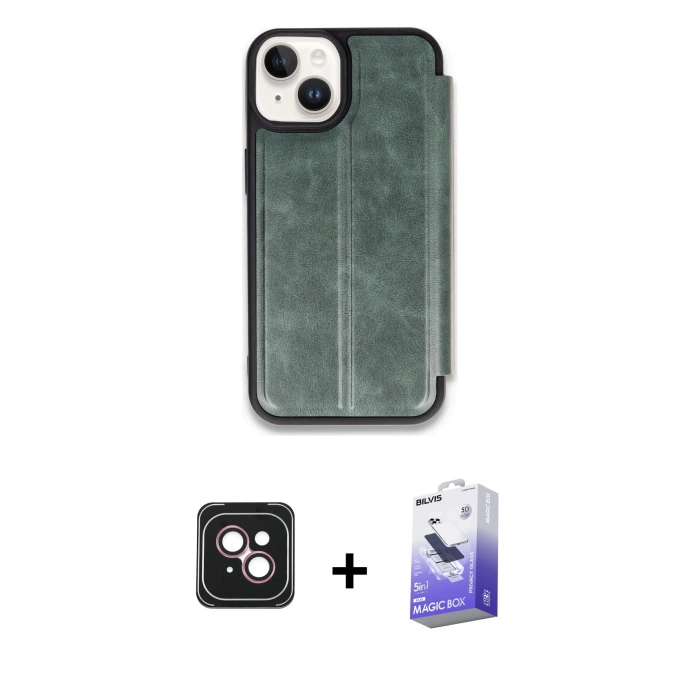 MARSİLYAN™- iPhone 14 Kılıf Zirve Yansıma Serisi - Siyah Bilvis 5in1 5D Magic Hayalet Cam Ekran Koruyucu + PVD Metal Kamera Lens - PE