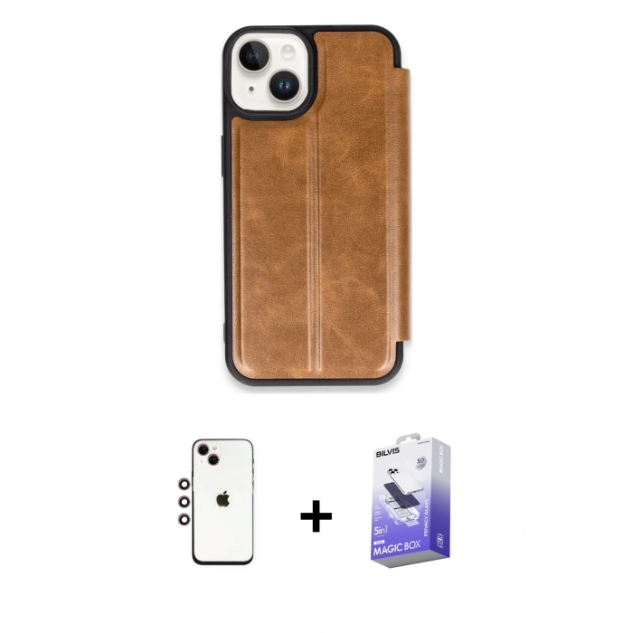 MARSİLYAN™- iPhone 14 Kılıf Zirve Yansıma Serisi - Siyah Bilvis 5in1 5D Magic Hayalet Cam Ekran Koruyucu + Shine Kamera Lens - GI