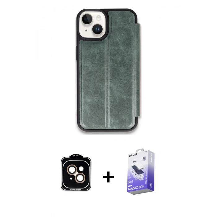 MARSİLYAN™- iPhone 14 Kılıf Zirve Yansıma Serisi - Siyah Bilvis 5in1 5D Magic Hayalet Cam Ekran Koruyucu + PVD Metal Kamera Lens - TU