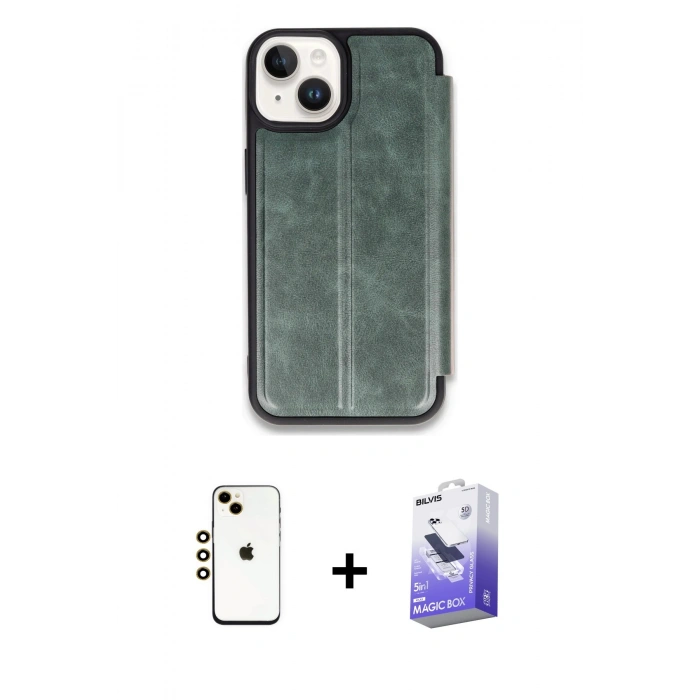MARSİLYAN™- iPhone 14 Kılıf Zirve Yansıma Serisi - Siyah Bilvis 5in1 5D Magic Hayalet Cam Ekran Koruyucu + Shine Kamera Lens - GD