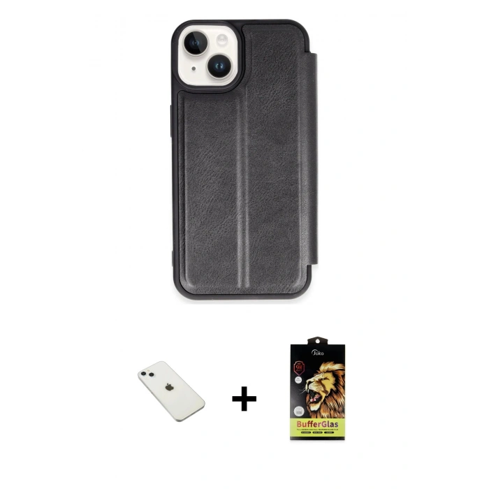 MARSİLYAN™- iPhone 14 Kılıf Zirve Yansıma Serisi - Siyah Buffer Cam Ekran Koruyucu + Diamond Kamera Lens - SABE