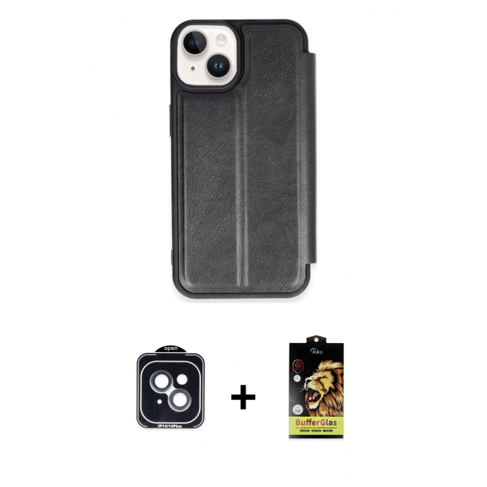 MARSİLYAN™- iPhone 14 Kılıf Zirve Yansıma Serisi - Siyah Buffer Cam Ekran Koruyucu + PVD Metal Kamera Lens - SH