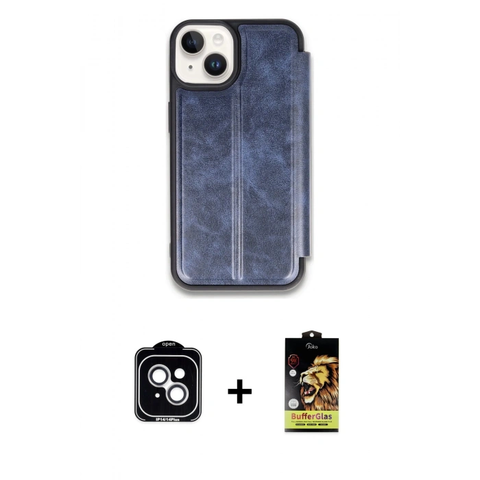 MARSİLYAN™- iPhone 14 Kılıf Zirve Yansıma Serisi - Siyah Buffer Cam Ekran Koruyucu + PVD Metal Kamera Lens - GS