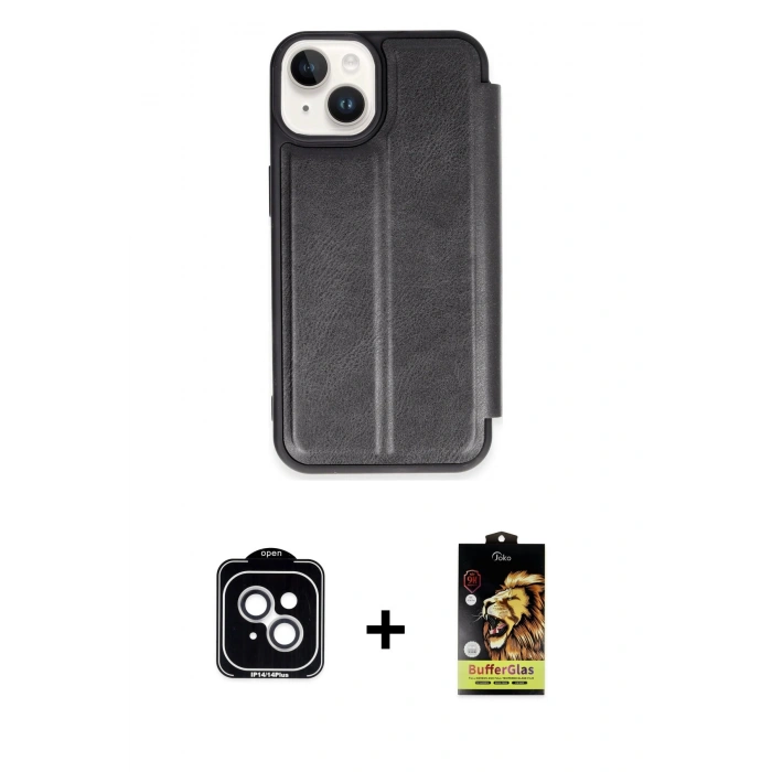 MARSİLYAN™- iPhone 14 Kılıf Zirve Yansıma Serisi - Siyah Buffer Cam Ekran Koruyucu + PVD Metal Kamera Lens - GS