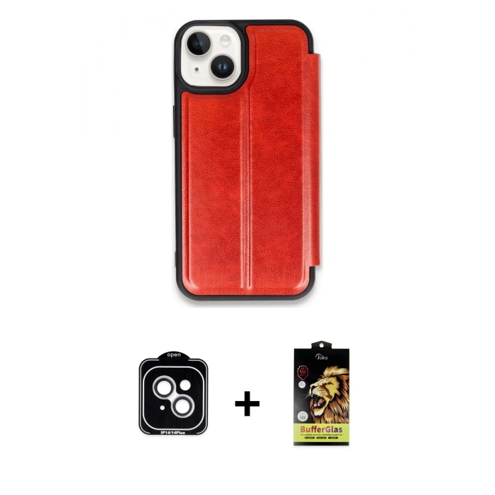 MARSİLYAN™- iPhone 14 Kılıf Zirve Yansıma Serisi - Siyah Buffer Cam Ekran Koruyucu + PVD Metal Kamera Lens - GS