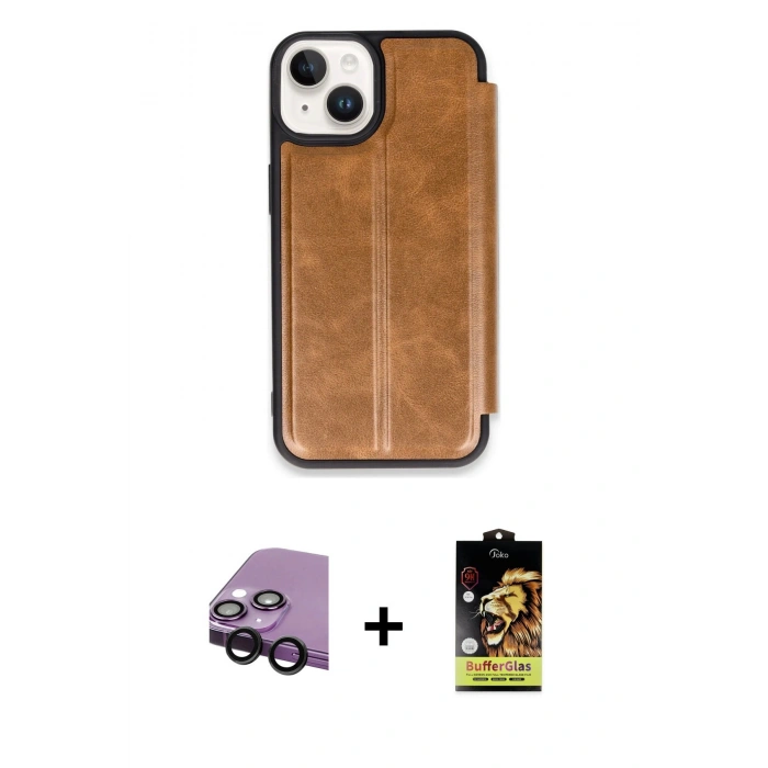 MARSİLYAN™- iPhone 14 Kılıf Zirve Yansıma Serisi - Siyah Buffer Cam Ekran Koruyucu + Raze Metal Kamera Lens - SH