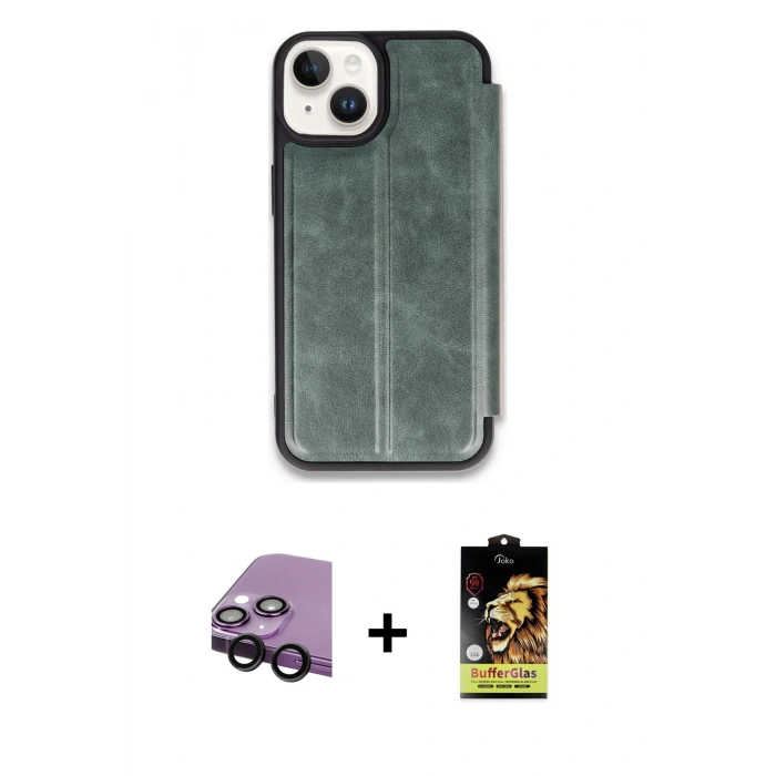 MARSİLYAN™- iPhone 14 Kılıf Zirve Yansıma Serisi - Siyah Buffer Cam Ekran Koruyucu + Raze Metal Kamera Lens - SH