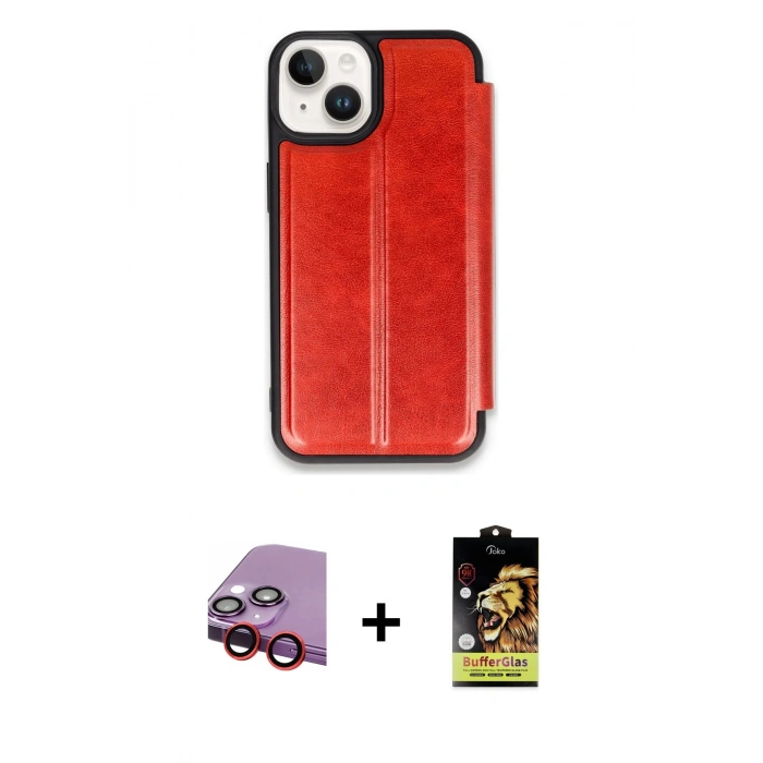 MARSİLYAN™- iPhone 14 Kılıf Zirve Yansıma Serisi - Siyah Buffer Cam Ekran Koruyucu + Raze Metal Kamera Lens - KI