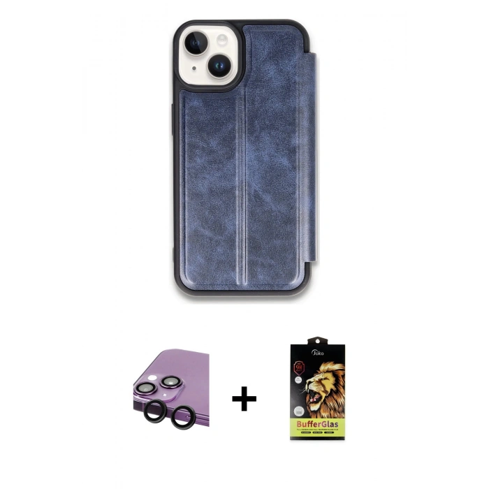 MARSİLYAN™- iPhone 14 Kılıf Zirve Yansıma Serisi - Siyah Buffer Cam Ekran Koruyucu + Raze Metal Kamera Lens - SH