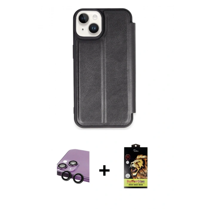 MARSİLYAN™- iPhone 14 Kılıf Zirve Yansıma Serisi - Siyah Buffer Cam Ekran Koruyucu + Raze Metal Kamera Lens - SH
