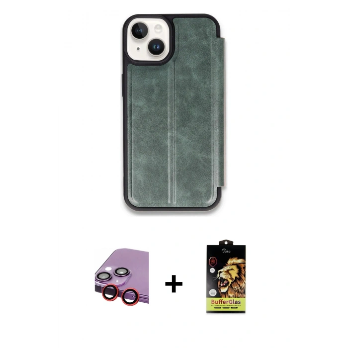 MARSİLYAN™- iPhone 14 Kılıf Zirve Yansıma Serisi - Siyah Buffer Cam Ekran Koruyucu + Raze Metal Kamera Lens - KI