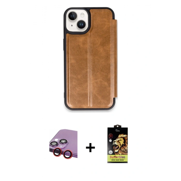 MARSİLYAN™- iPhone 14 Kılıf Zirve Yansıma Serisi - Siyah Buffer Cam Ekran Koruyucu + Raze Metal Kamera Lens - KI