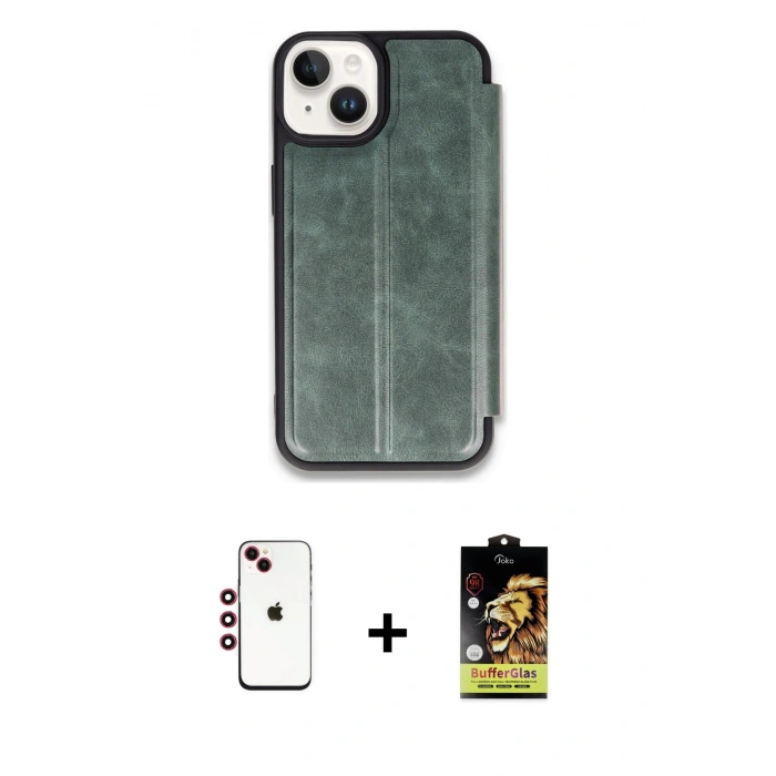 MARSİLYAN™- iPhone 14 Kılıf Zirve Yansıma Serisi - Siyah Buffer Cam Ekran Koruyucu + Shine Kamera Lens - KI