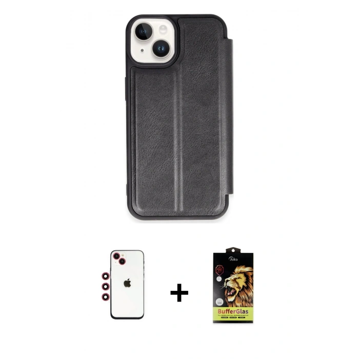 MARSİLYAN™- iPhone 14 Kılıf Zirve Yansıma Serisi - Siyah Buffer Cam Ekran Koruyucu + Shine Kamera Lens - KI