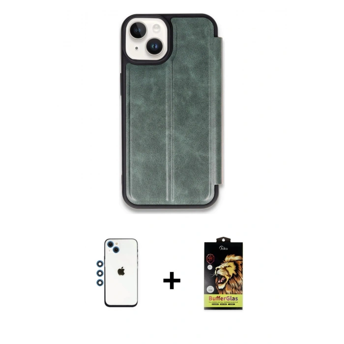 MARSİLYAN™- iPhone 14 Kılıf Zirve Yansıma Serisi - Siyah Buffer Cam Ekran Koruyucu + Shine Kamera Lens - MI