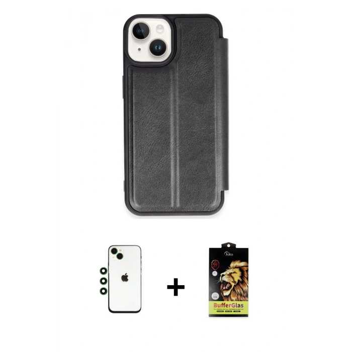 MARSİLYAN™- iPhone 14 Kılıf Zirve Yansıma Serisi - Siyah Buffer Cam Ekran Koruyucu + Shine Kamera Lens - YL