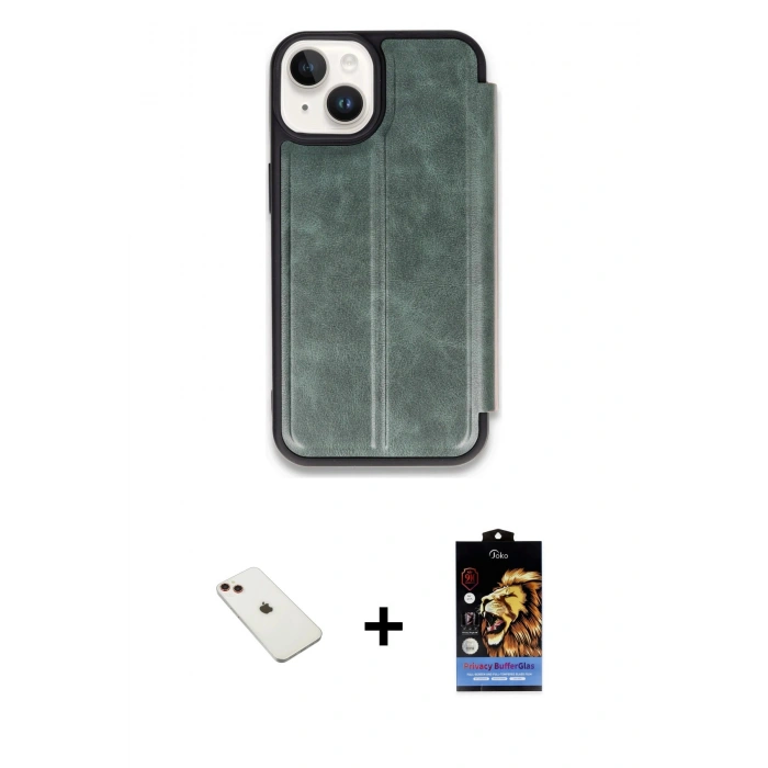 MARSİLYAN™- iPhone 14 Kılıf Zirve Yansıma Serisi - Siyah Buffer Hayalet Cam Ekran Koruyucu + Diamond Kamera Lens - KI