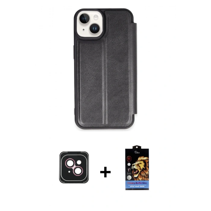 MARSİLYAN™- iPhone 14 Kılıf Zirve Yansıma Serisi - Siyah Buffer Hayalet Cam Ekran Koruyucu + PVD Metal Kamera Lens - PE
