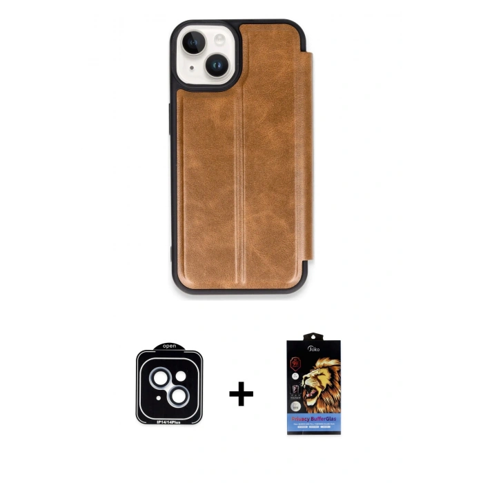 MARSİLYAN™- iPhone 14 Kılıf Zirve Yansıma Serisi - Siyah Buffer Hayalet Cam Ekran Koruyucu + PVD Metal Kamera Lens - MI