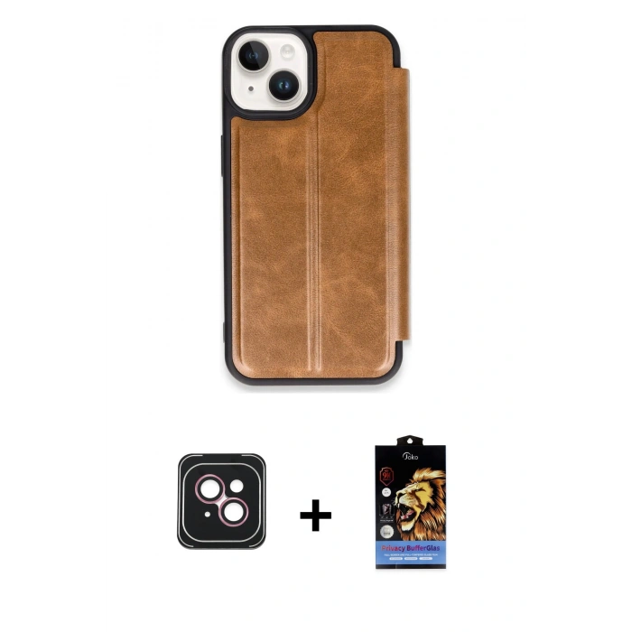 MARSİLYAN™- iPhone 14 Kılıf Zirve Yansıma Serisi - Siyah Buffer Hayalet Cam Ekran Koruyucu + PVD Metal Kamera Lens - PE