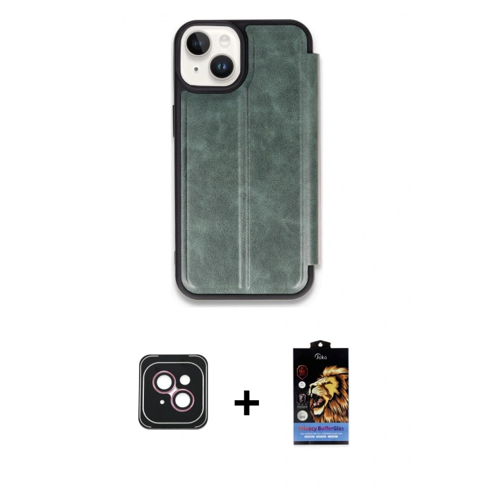 MARSİLYAN™- iPhone 14 Kılıf Zirve Yansıma Serisi - Siyah Buffer Hayalet Cam Ekran Koruyucu + PVD Metal Kamera Lens - PE