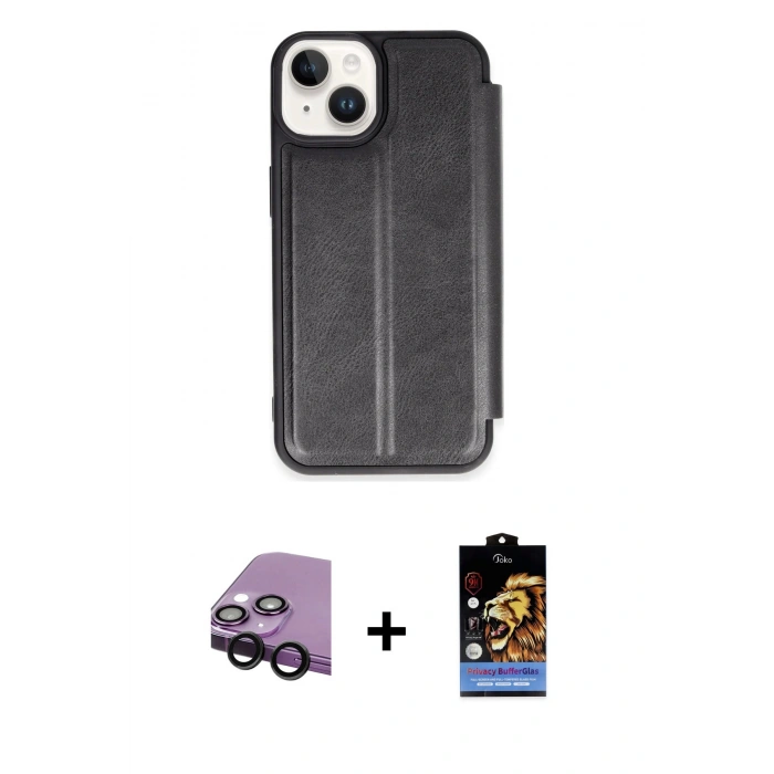 MARSİLYAN™- iPhone 14 Kılıf Zirve Yansıma Serisi - Siyah Buffer Hayalet Cam Ekran Koruyucu + Raze Metal Kamera Lens - SH