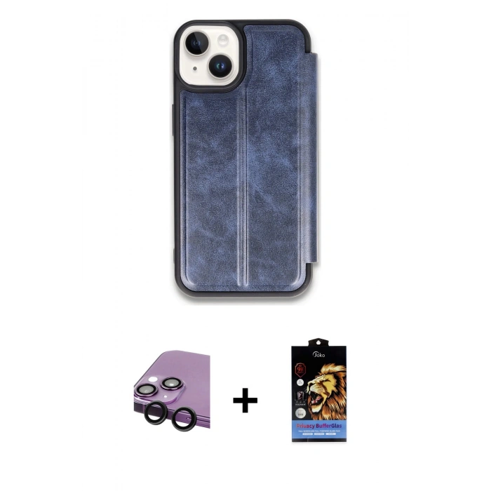 MARSİLYAN™- iPhone 14 Kılıf Zirve Yansıma Serisi - Siyah Buffer Hayalet Cam Ekran Koruyucu + Raze Metal Kamera Lens - SH