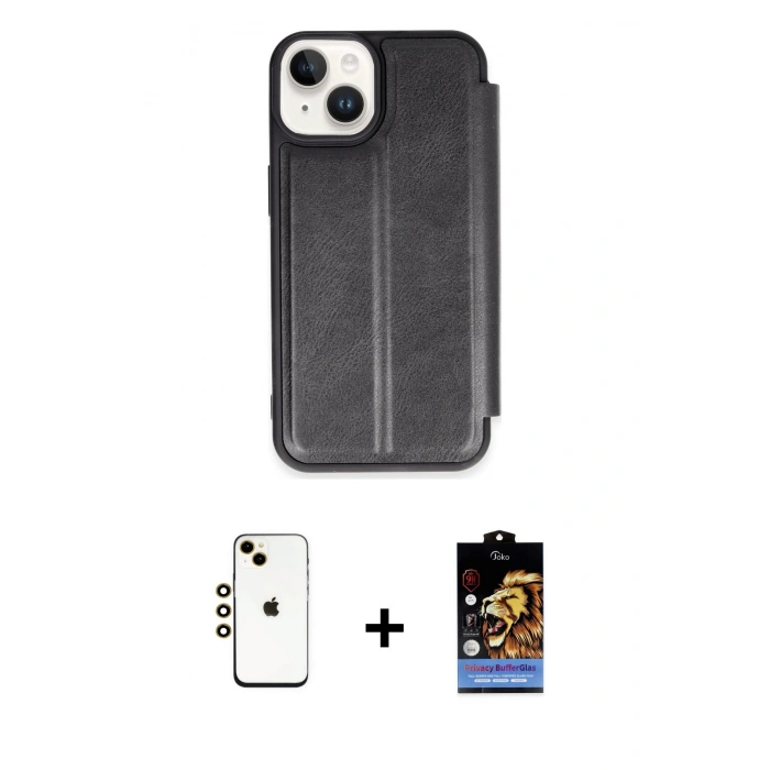 MARSİLYAN™- iPhone 14 Kılıf Zirve Yansıma Serisi - Siyah Buffer Hayalet Cam Ekran Koruyucu + Shine Kamera Lens - GD