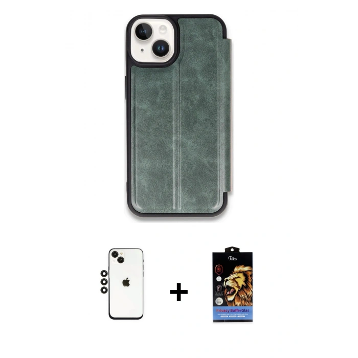 MARSİLYAN™- iPhone 14 Kılıf Zirve Yansıma Serisi - Siyah Buffer Hayalet Cam Ekran Koruyucu + Shine Kamera Lens - SH