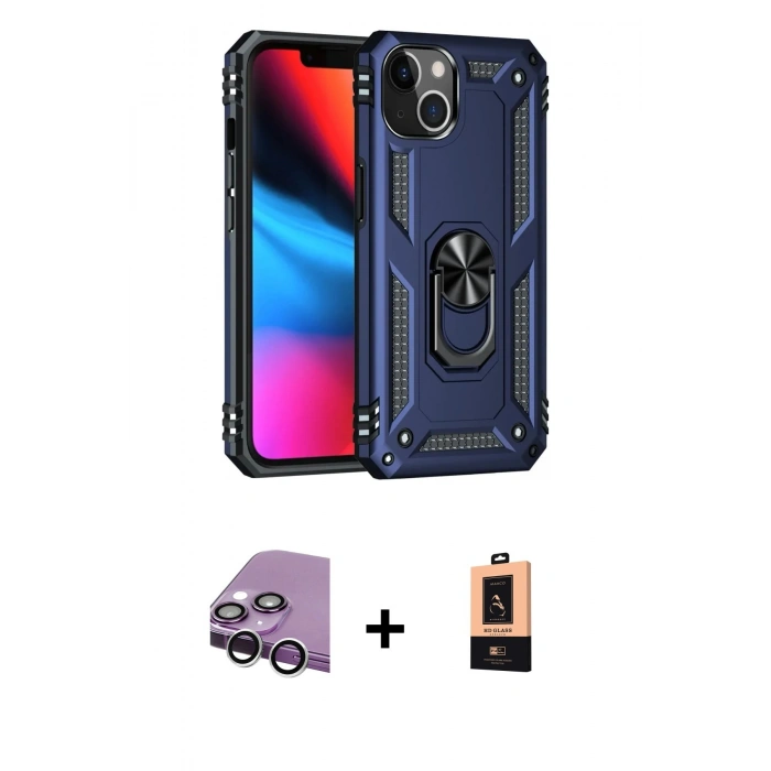 MARSİLYAN™- iPhone 14 Plus Kılıf Ahenk Klasik Koleksiyonu - Şeffaf Maxco Cam Ekran Koruyucu + Raze Metal Kamera Lens - GS